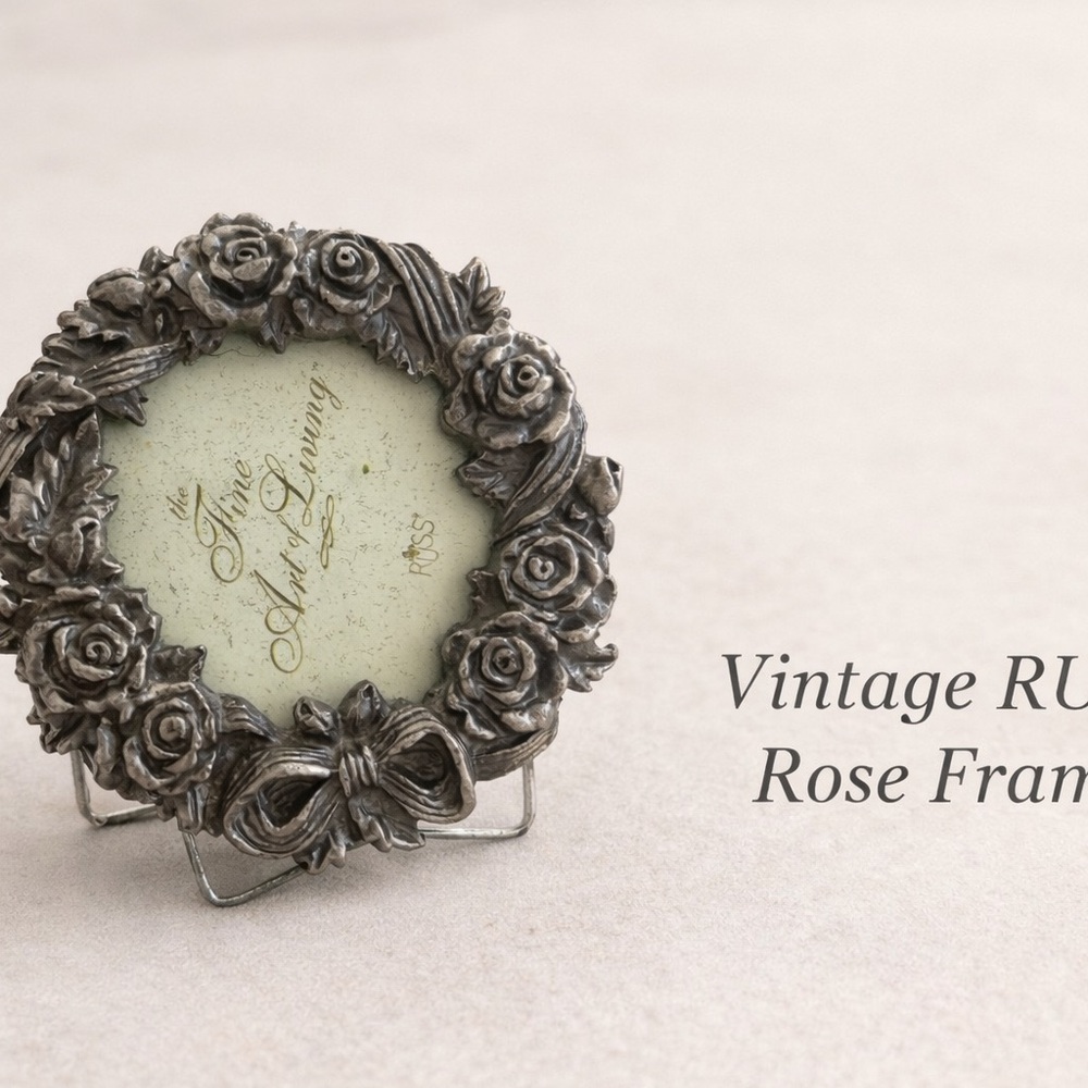 Vintage RUSS Mini Ornate Rose Bow Photo Frame – Pewter – Standing